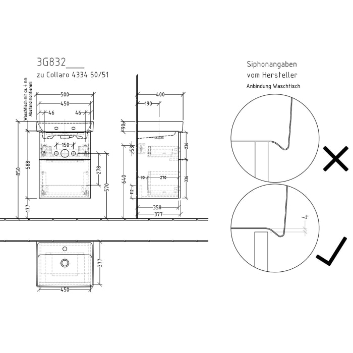 Sanipa 3way Waschtischunterbau für Keramik-Waschtisch Collaro 50 cm, 2 Auszüge mit Aufsatzgriff