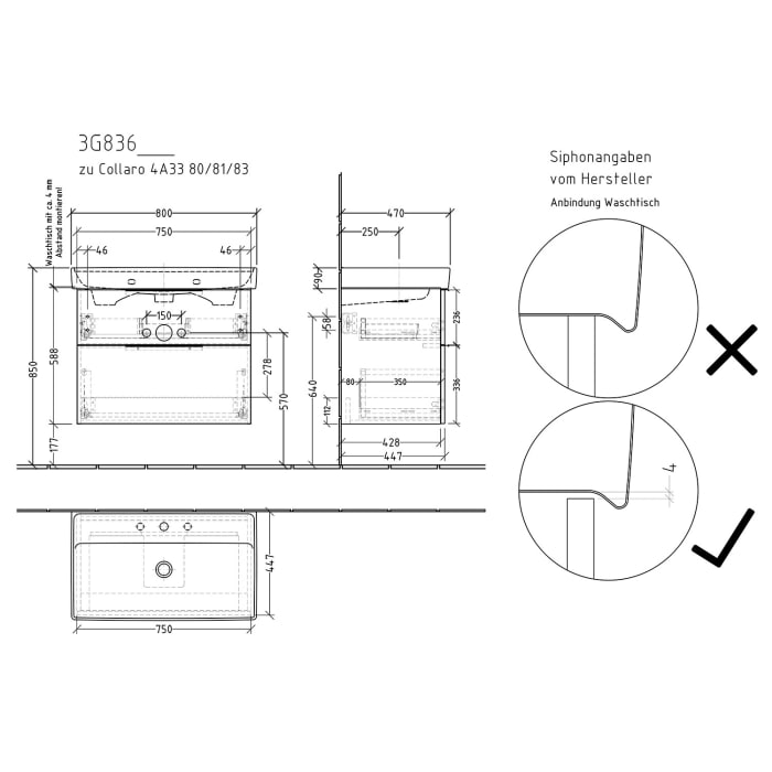 Sanipa 3way Waschtischunterbau für Keramik-Waschtisch Collaro 80 cm, 2 Auszüge mit Aufsatzgriff