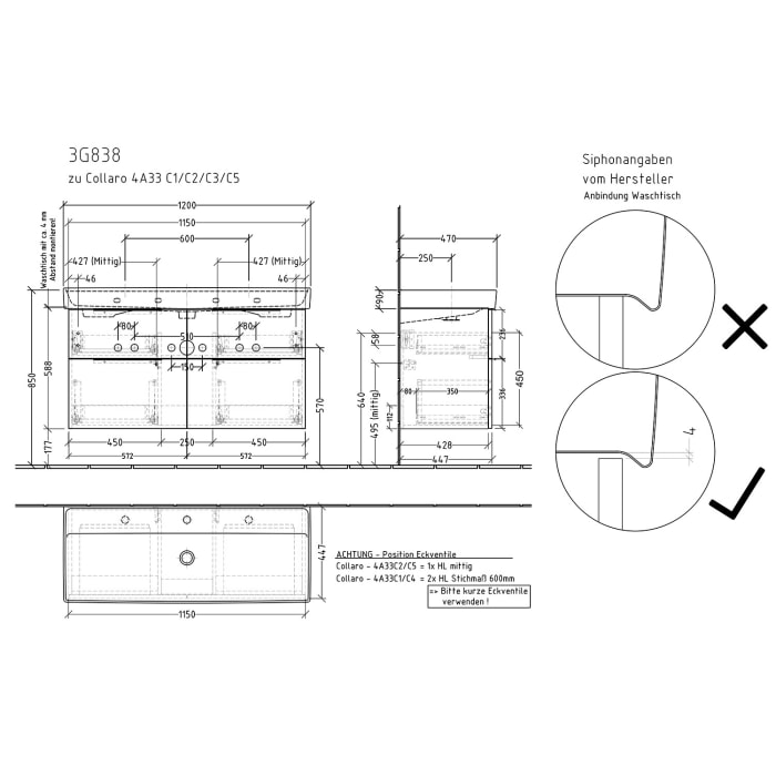 Sanipa 3way Waschtischunterbau für Keramik-Waschtisch Collaro 120 cm, 4 Auszüge mit Aufsatzgriff