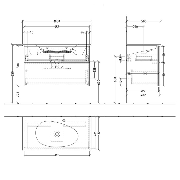 Sanipa 3way Waschtischunterbau für Keramik-Waschtisch Antao 95,5 cm, 2 Auszüge mit Griffleisten