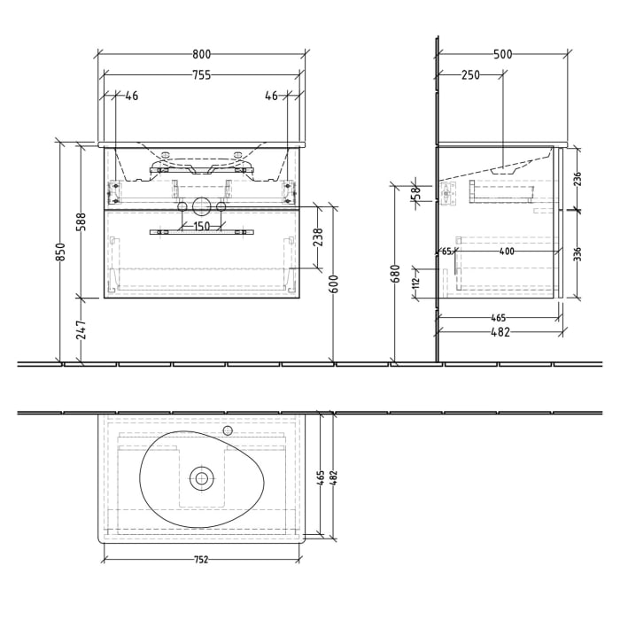 Sanipa 3way Waschtischunterbau für Keramik-Waschtisch Antao 75,5 cm, 2 Auszüge mit Griffleisten