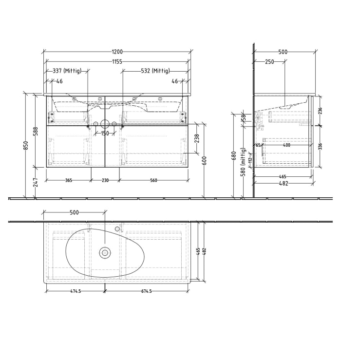 Sanipa 3way Waschtischunterbau für Keramik-Waschtisch Antao 115,5 cm, 4 Auszüge mit Griffleisten