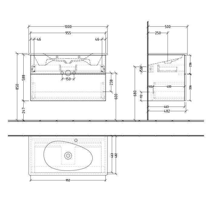 Sanipa 3way Waschtischunterbau für Keramik-Waschtisch Antao 95,5 cm, 2 Auszüge mit Push to open