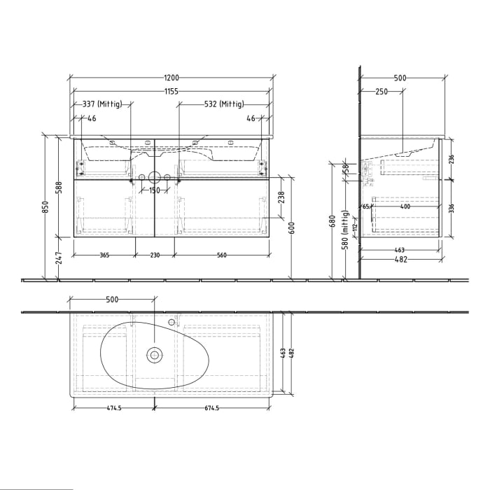 Sanipa 3way Waschtischunterbau für Keramik-Waschtisch Antao 115,5 cm, 4 Auszüge mit Push to open