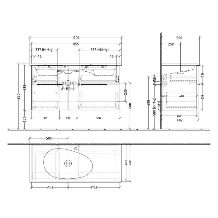 Sanipa 3way Waschtischunterbau für Keramik-Waschtisch Antao 115,5 cm, 4 Auszüge mit Aufsatzgriffen