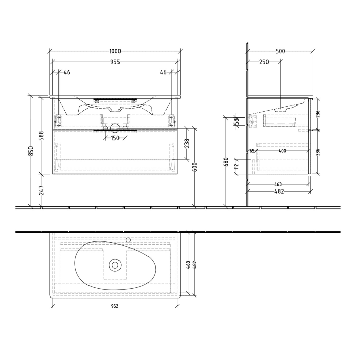 Sanipa 3way Waschtischunterbau für Keramik-Waschtisch Antao 95,5 cm, 2 Auszüge mit Aufsatzgriffen