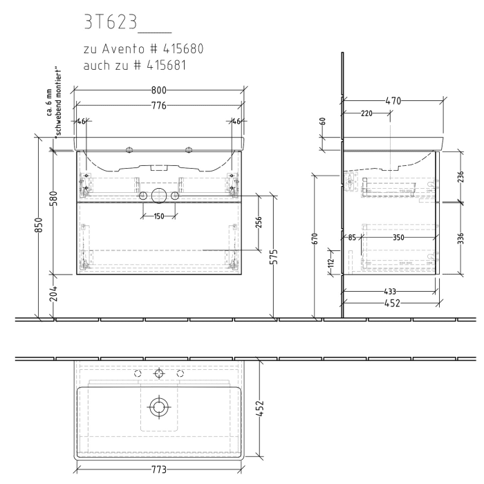 Sanipa 3way Waschtischunterbau für Keramik-Waschtisch Avento 80 cm, 2 Auszüge mit Push to open