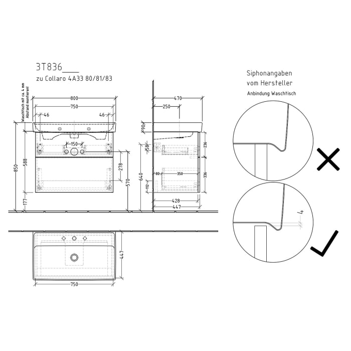 Sanipa 3way Waschtischunterbau für Keramik-Waschtisch Collaro 80 cm, 2 Auszüge mit Push to open