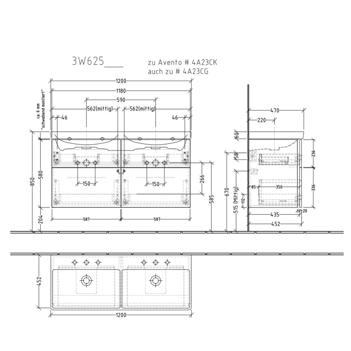 Sanipa 3way Waschtischunterbau für Keramik-Doppelwaschtisch Avento 120 cm, 4 Auszüge mit Griffleisten