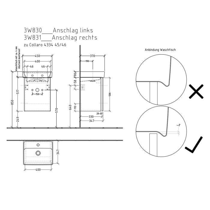 Sanipa 3way Waschtischunterbau für Keramik-Waschtisch Collaro 45 cm, 1 Tür, Anschlag links, mit Griffleiste