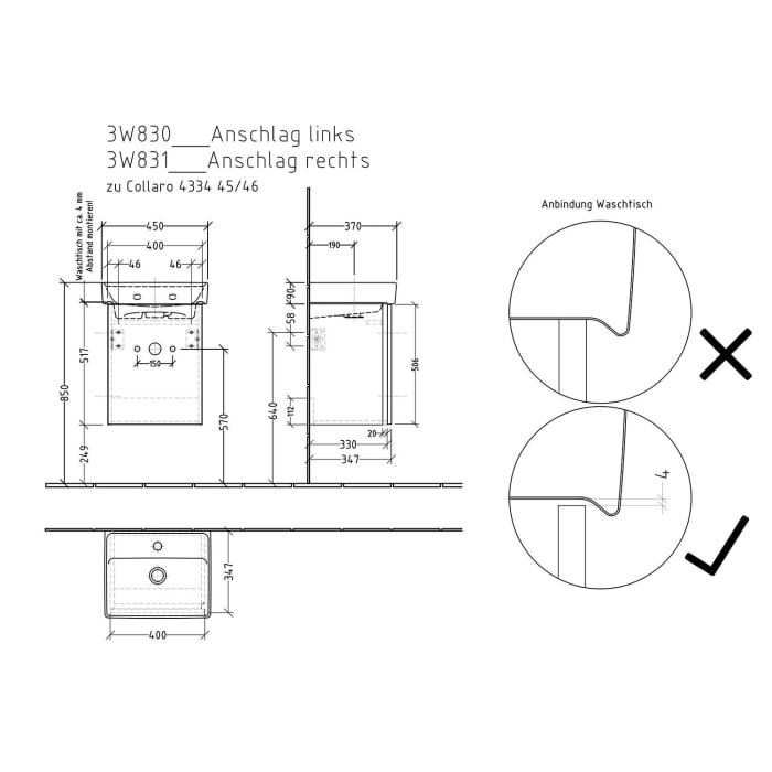 Sanipa 3way Waschtischunterbau für Keramik-Waschtisch Collaro 45 cm, 1 Tür, Anschlag rechts, mit Griffleiste