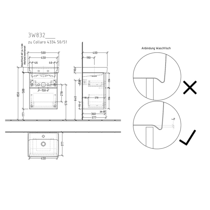 Sanipa 3way Waschtischunterbau für Keramik-Waschtisch Collaro 50 cm, 2 Auszüge mit Griffleisten