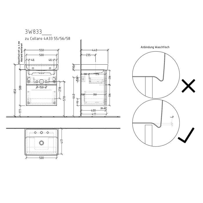 Sanipa 3way Waschtischunterbau für Keramik-Waschtisch Collaro 55 cm, 2 Auszüge mit Griffleisten