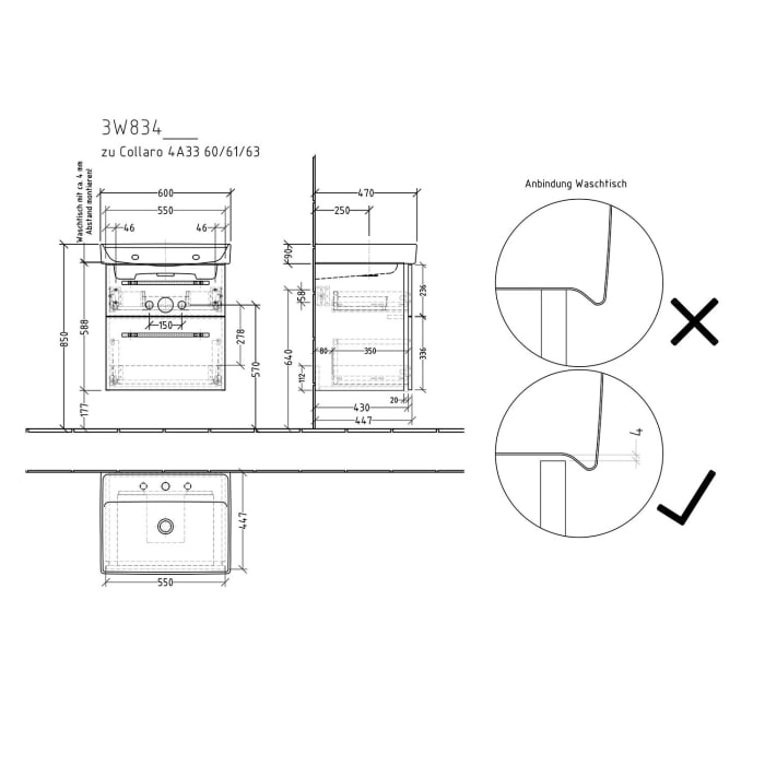 Sanipa 3way Waschtischunterbau für Keramik-Waschtisch Collaro 60 cm, 2 Auszüge mit Griffleisten