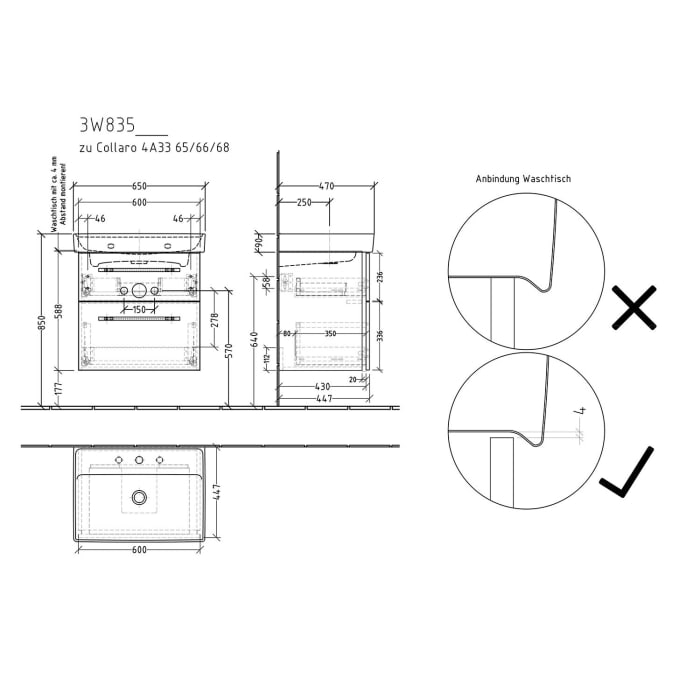 Sanipa 3way Waschtischunterbau für Keramik-Waschtisch Collaro 65 cm, 2 Auszüge mit Griffleisten
