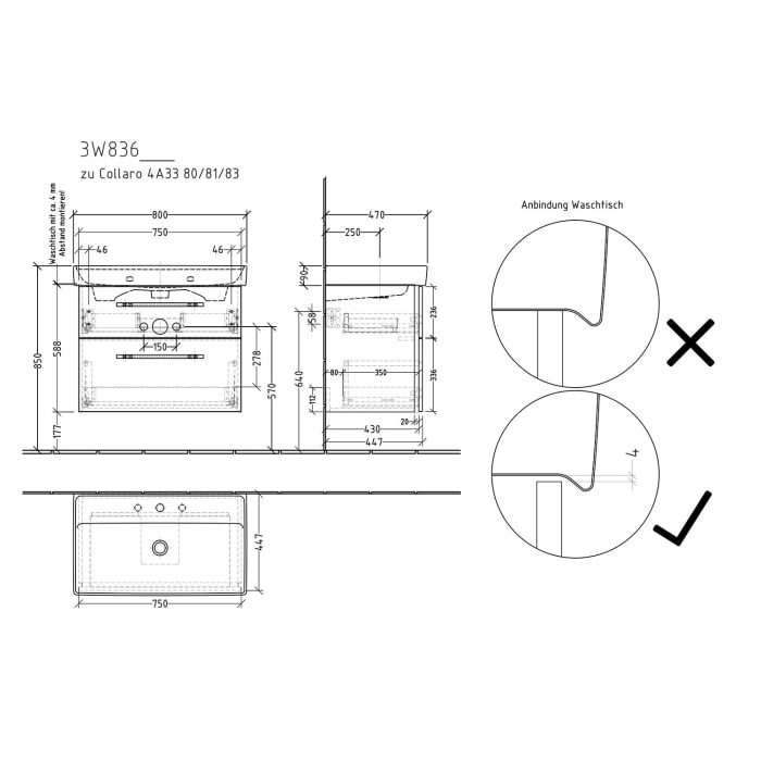 Sanipa 3way Waschtischunterbau für Keramik-Waschtisch Collaro 80 cm, 2 Auszüge mit Griffleisten