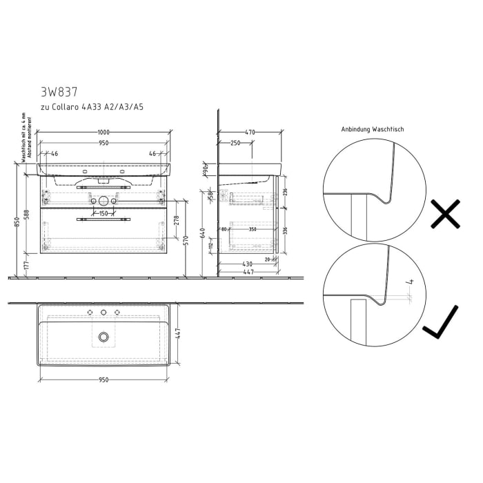 Sanipa 3way Waschtischunterbau für Keramik-Waschtisch Collaro 100 cm, 2 Auszüge mit Griffleisten