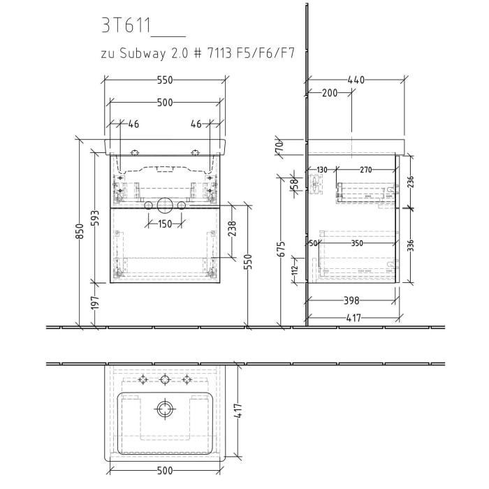 Sanipa 3way Waschtischunterbau für Keramik-Waschtisch Subway 2.0 55 cm, 2 Auszüge mit Push to open