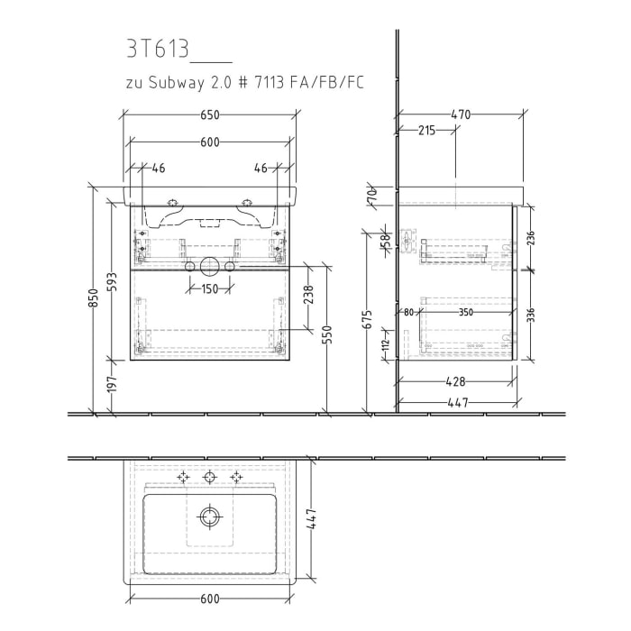 Sanipa 3way Waschtischunterbau für Keramik-Waschtisch Subway 2.0 65 cm, 2 Auszüge mit Push to open
