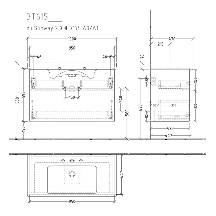 Sanipa 3way Waschtischunterbau für Keramik-Waschtisch Subway 2.0 100 cm, 2 Auszüge mit Push to open