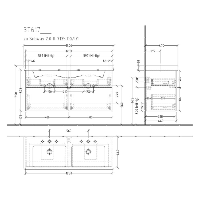 Sanipa 3way Waschtischunterbau für Keramik-Doppelwaschtisch Subway 2.0 130 cm, 4 Auszüge mit Push to open