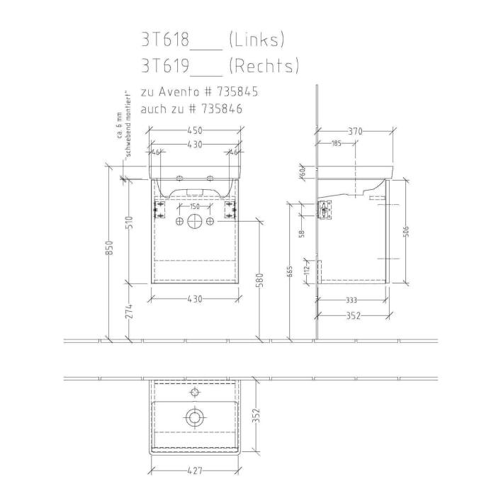 Sanipa 3way Waschtischunterbau für Keramik-Waschtisch Avento 45 cm, 1 Tür, Anschlag links, mit Push to open