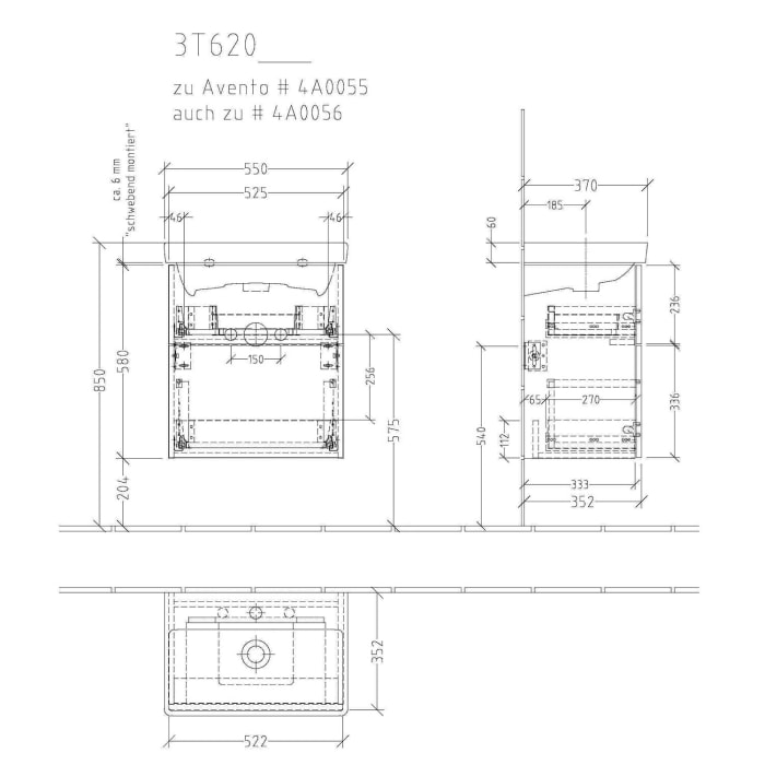 Sanipa 3way Waschtischunterbau für Keramik-Waschtisch Avento 55 cm, 2 Auszüge mit Push to open