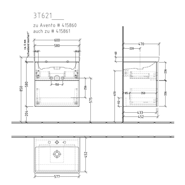 Sanipa 3way Waschtischunterbau für Keramik-Waschtisch Avento 60 cm, 2 Auszüge mit Push to open