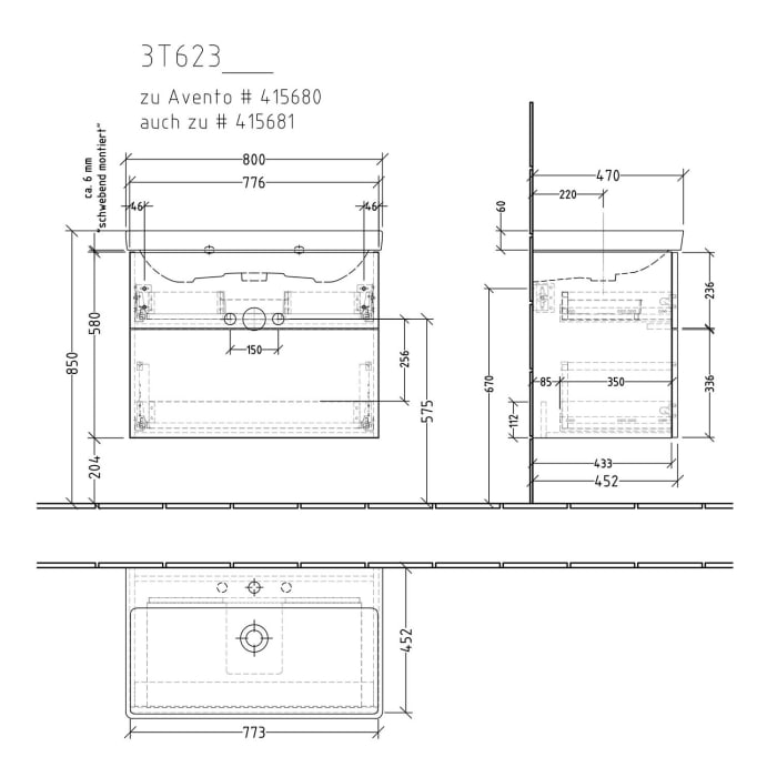 Sanipa 3way Waschtischunterbau für Keramik-Waschtisch Avento 80 cm, 2 Auszüge mit Push to open
