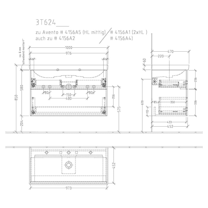 Sanipa 3way Waschtischunterbau für Keramik-Waschtisch Avento 100 cm, 2 Auszüge mit Push to open