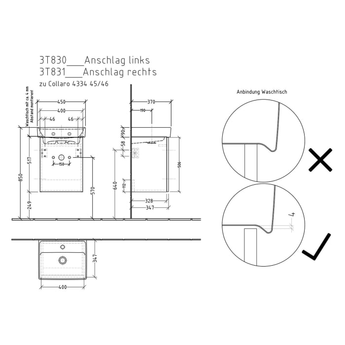 Sanipa 3way Waschtischunterbau für Keramik-Waschtisch Collaro 45 cm, 1 Tür, Anschlag links, mit Push to open