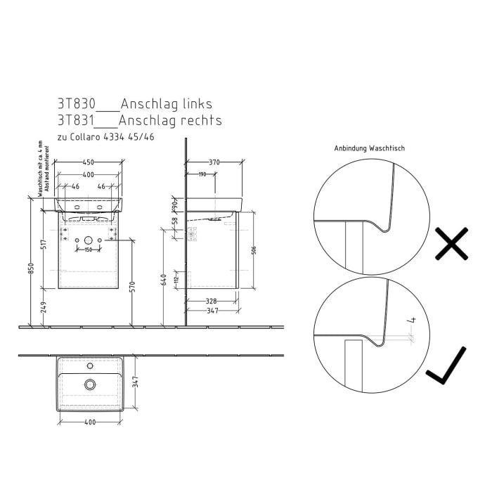 Sanipa 3way Waschtischunterbau für Keramik-Waschtisch Collaro 45 cm, 1 Tür, Anschlag rechts, mit Push to open