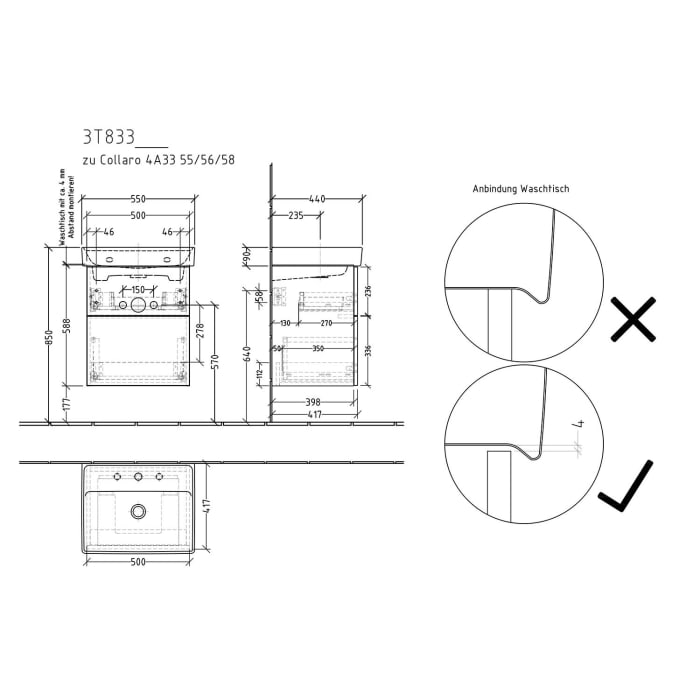 Sanipa 3way Waschtischunterbau für Keramik-Waschtisch Collaro 55 cm, 2 Auszüge mit Push to open