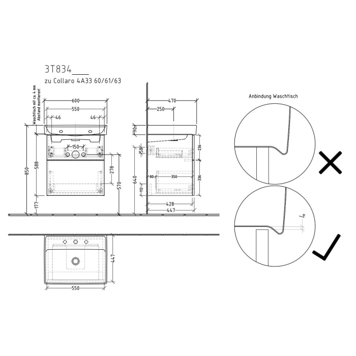 Sanipa 3way Waschtischunterbau für Keramik-Waschtisch Collaro 60 cm, 2 Auszüge mit Push to open