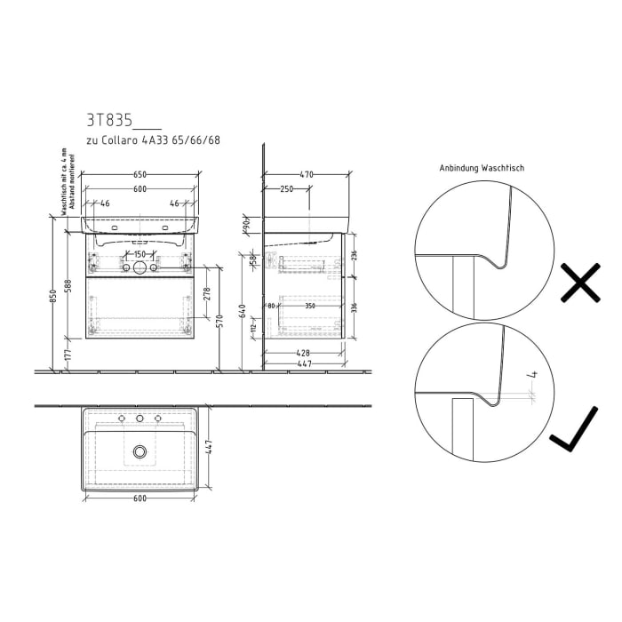 Sanipa 3way Waschtischunterbau für Keramik-Waschtisch Collaro 65 cm, 2 Auszüge mit Push to open