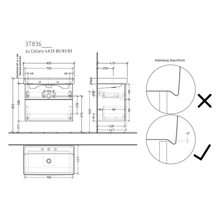 Sanipa 3way Waschtischunterbau für Keramik-Waschtisch Collaro 80 cm, 2 Auszüge mit Push to open