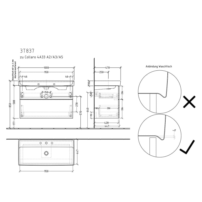 Sanipa 3way Waschtischunterbau für Keramik-Waschtisch Collaro 100 cm, 2 Auszüge mit Push to open