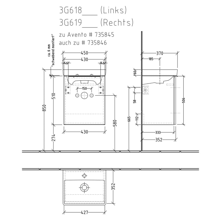 Sanipa 3way Waschtischunterbau für Keramik-Waschtisch Avento 45 cm, 1 Tür, Anschlag links, mit Aufsatzgriff