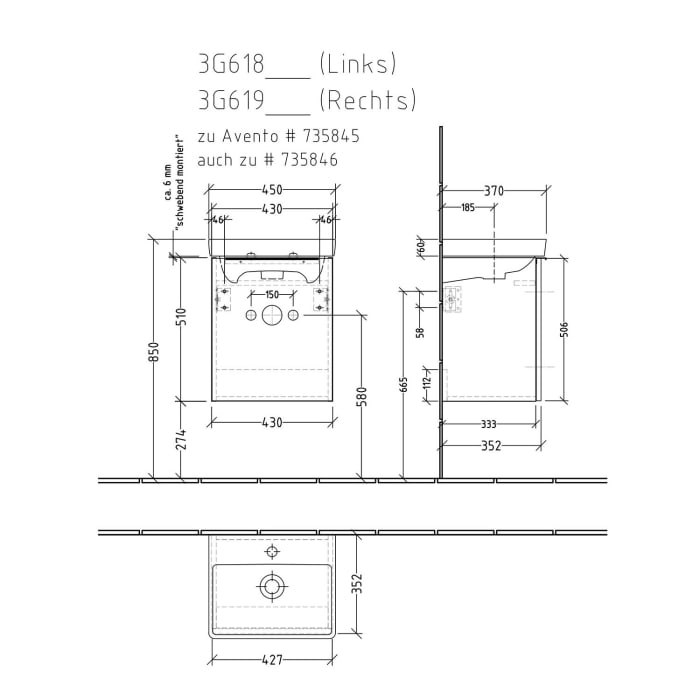 Sanipa 3way Waschtischunterbau für Keramik-Waschtisch Avento 45 cm, 1 Tür, Anschlag rechts, mit Aufsatzgriff