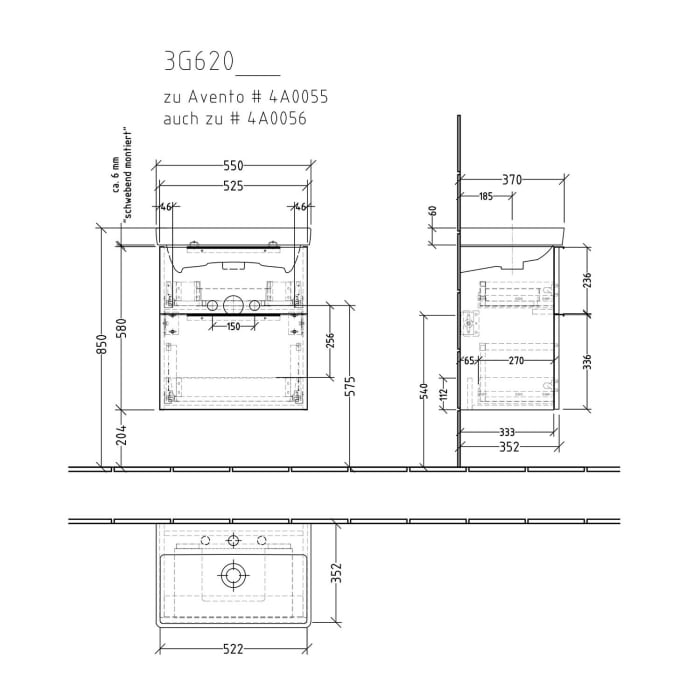 Sanipa 3way Waschtischunterbau für Keramik-Waschtisch Avento 55 cm, 2 Auszüge mit Aufsatzgriff