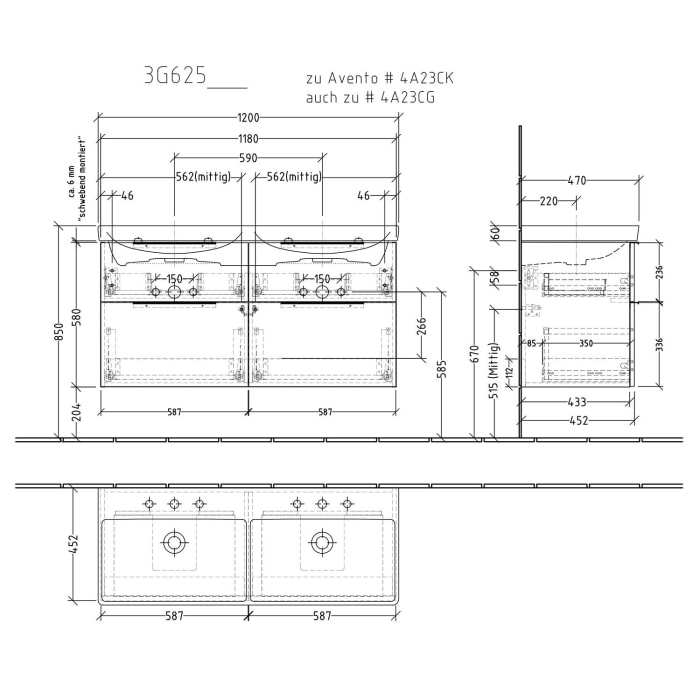 Sanipa 3way Waschtischunterbau für Keramik-Doppelwaschtisch Avento 120 cm, 4 Auszüge mit Aufsatzgriff