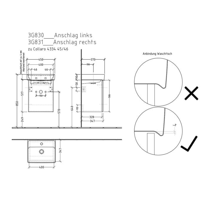 Sanipa 3way Waschtischunterbau für Keramik-Waschtisch Collaro 45 cm, 1 Tür, Anschlag links, mit Aufsatzgriff