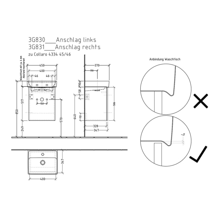 Sanipa 3way Waschtischunterbau für Keramik-Waschtisch Collaro 45 cm, 1 Tür, Anschlag rechts, mit Aufsatzgriff