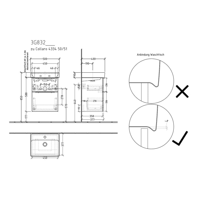 Sanipa 3way Waschtischunterbau für Keramik-Waschtisch Collaro 50 cm, 2 Auszüge mit Aufsatzgriff