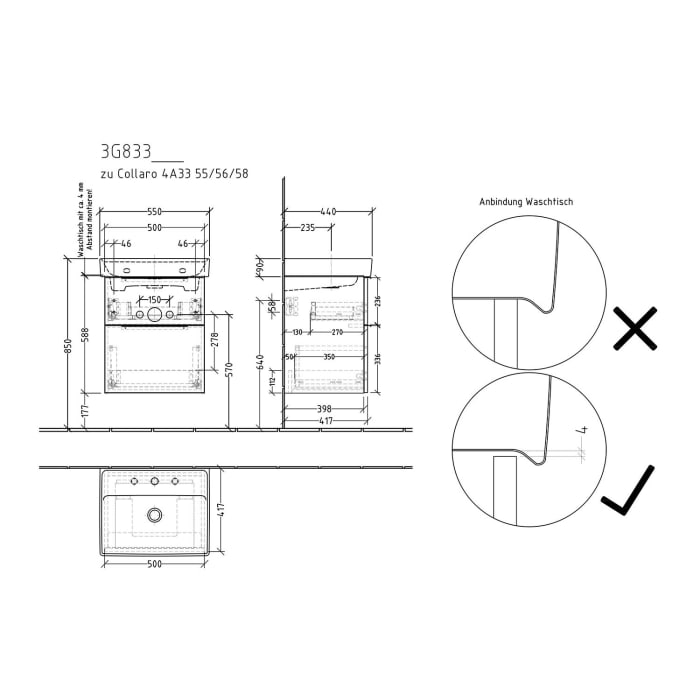 Sanipa 3way Waschtischunterbau für Keramik-Waschtisch Collaro 55 cm, 2 Auszüge mit Aufsatzgriff