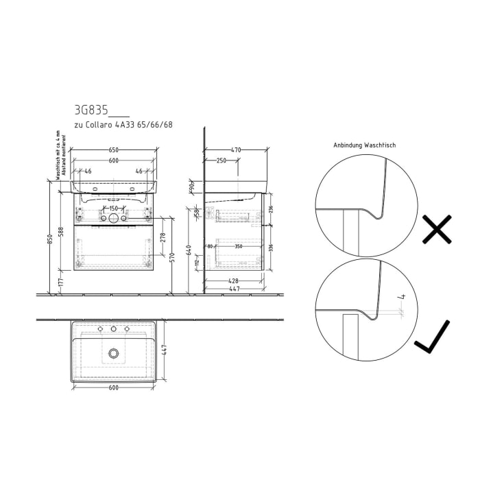 Sanipa 3way Waschtischunterbau für Keramik-Waschtisch Collaro 65 cm, 2 Auszüge mit Aufsatzgriff