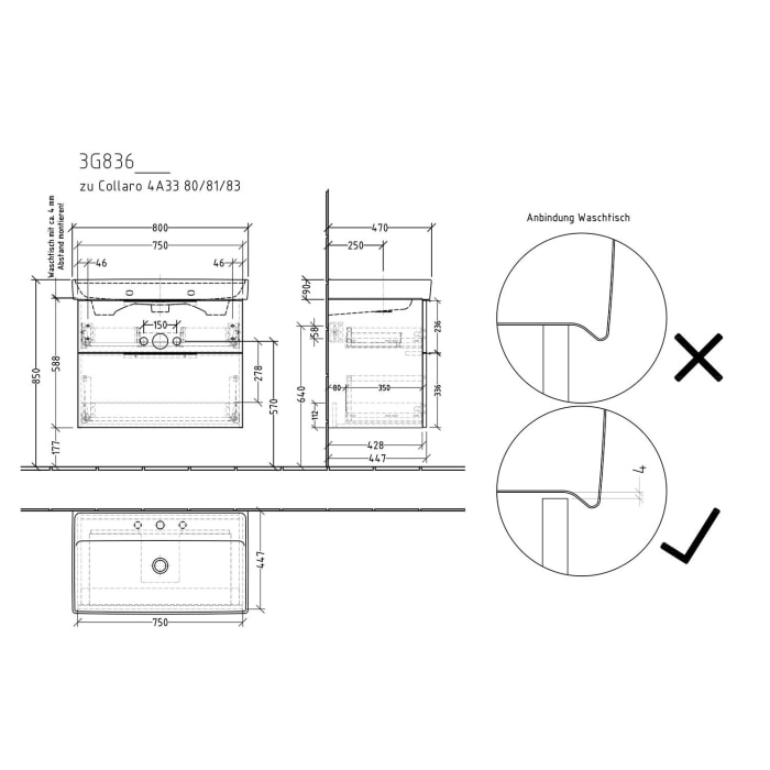 Sanipa 3way Waschtischunterbau für Keramik-Waschtisch Collaro 80 cm, 2 Auszüge mit Aufsatzgriff