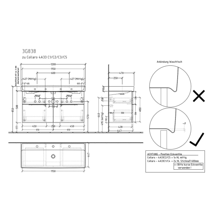 Sanipa 3way Waschtischunterbau für Keramik-Waschtisch Collaro 120 cm, 4 Auszüge mit Aufsatzgriff