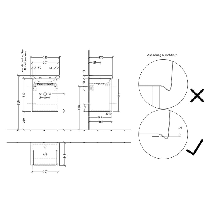 Sanipa 3way Waschtischunterbau für Keramik-Waschtisch Subway 3.0 45 cm, 1 Tür, Anschlag links, mit Griffleiste