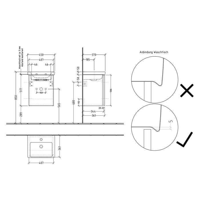 Sanipa 3way Waschtischunterbau für Keramik-Waschtisch Subway 3.0 45 cm, 1 Tür, Anschlag rechts, mit Griffleiste
